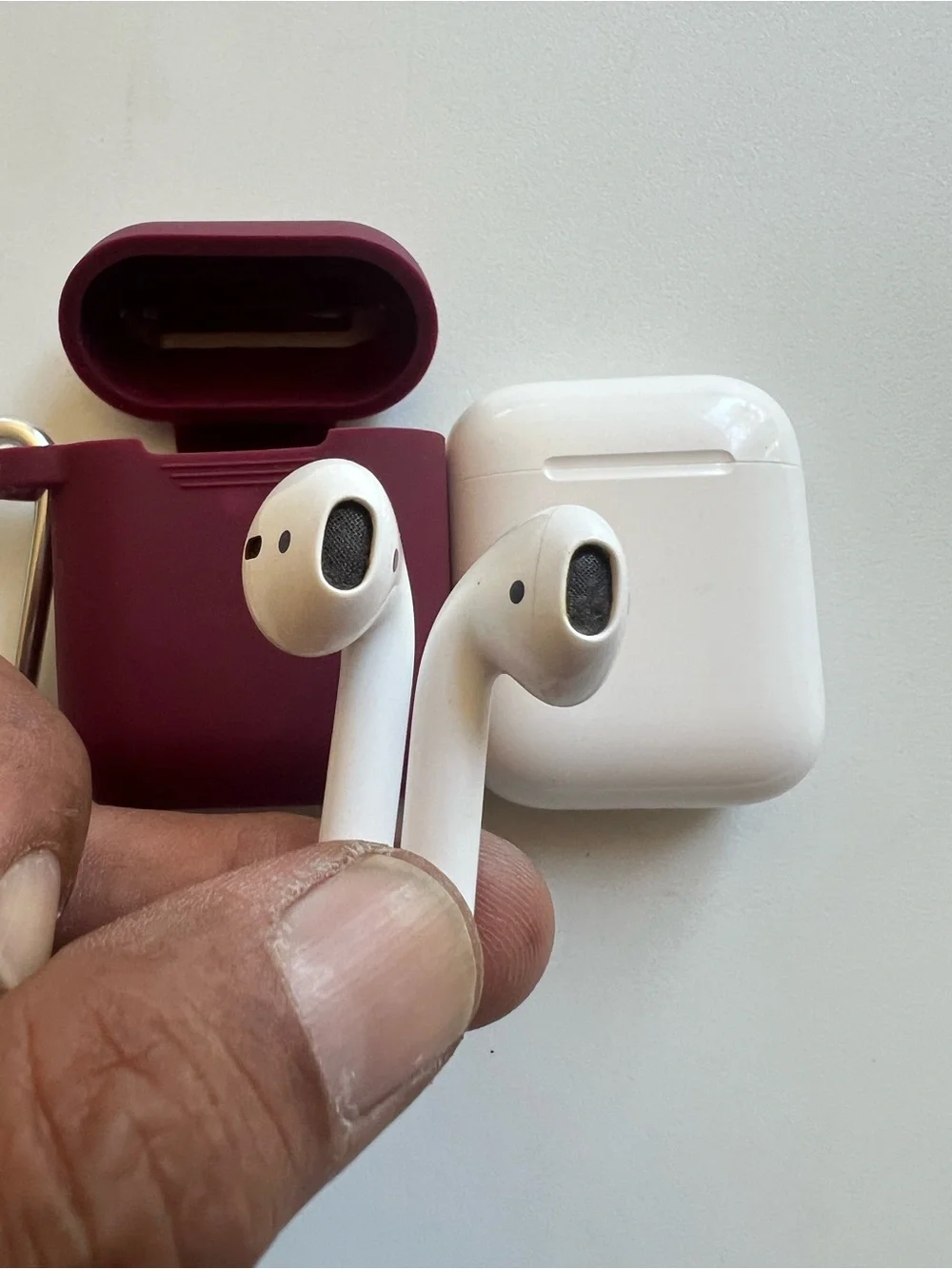 Apple White AirPods with Burgundy Protective Case in Working Perfectly Like New